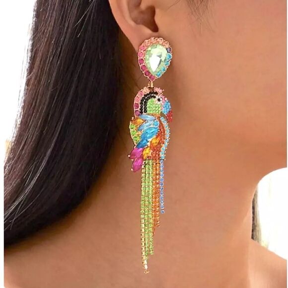 New Long Rainbow Crystal Parrot Earring - Picture 1 of 11